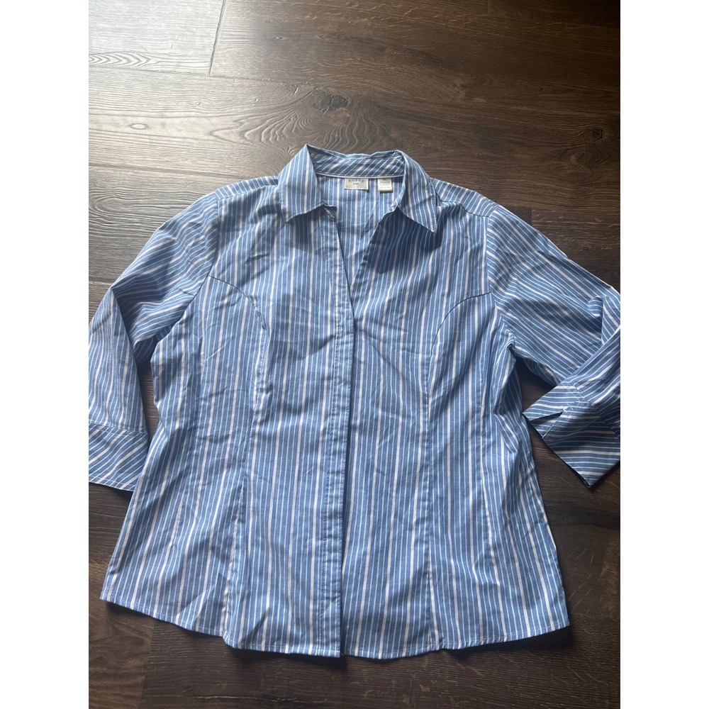 Riders by Lee Easy Care Blue White Striped Button Up Shirt XL 3/4 Sleeve Top